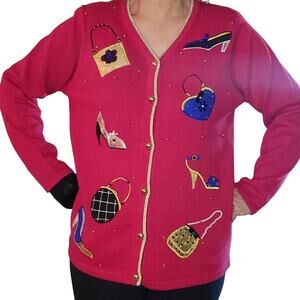 Susan Graver Red Embroidered Fashionista Ugly Cardigan Purse Heels Sweater M